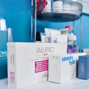 image of skincare products including Jalupro and Seventy Hyal on a shelf in a bright setting featuring 6 essential items