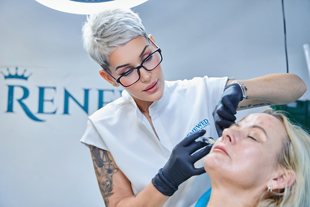 aesthetic treatment session with a professional applying a cosmetic procedure to a client's face featuring enhancements for youthful appearance and skincare techniques for twelve key areas