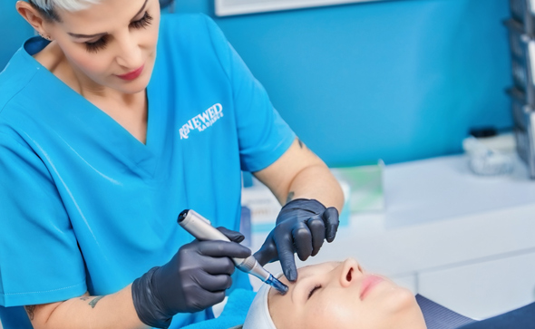 aesthetic treatment in progress with a technician using a device on a patient's forehead in a clinical setting